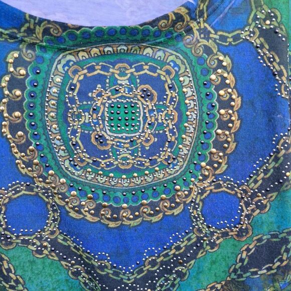 Cache Y2K XS Blue Chain Pattern Cold Shoulder Fairy Grunge Shirt Tunic Top Vtg - Picture 4 of 9